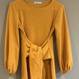 R. Vivimos Womens S Dress Mustard Yellow Tie Front Balloon Sleeves Textured Knit